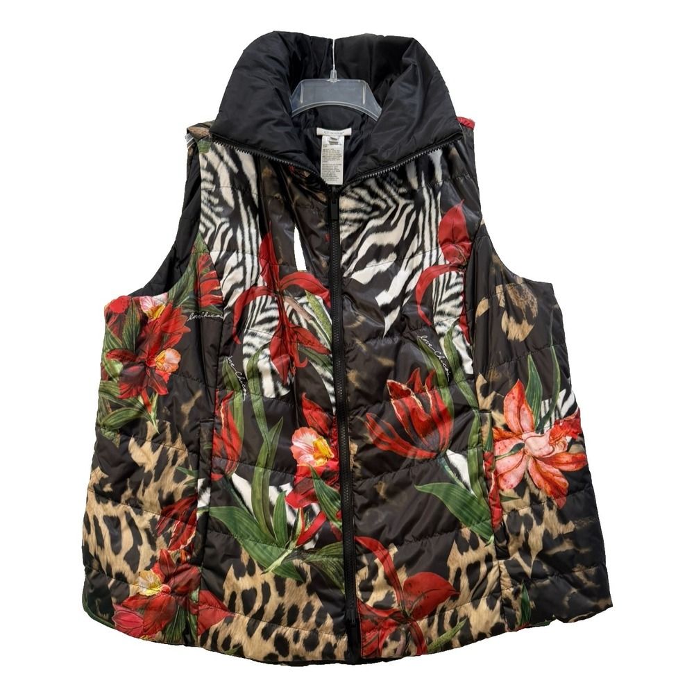 Chico's Black Red Animal Print &‎ Floral Puffer Vest Size 4 / XXL